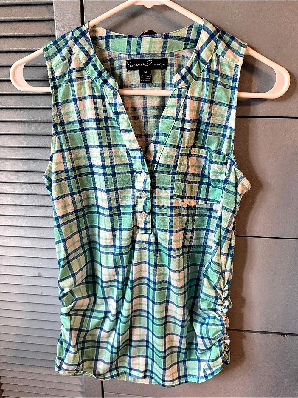 French Laundry Plaid Sleeveless Blouse in Blue & Green Size Medium